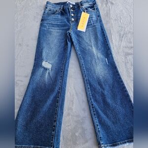 Risen High Rise Flare Cropped Button Fly Medium Wash 5 Pocket Jeans 9/29